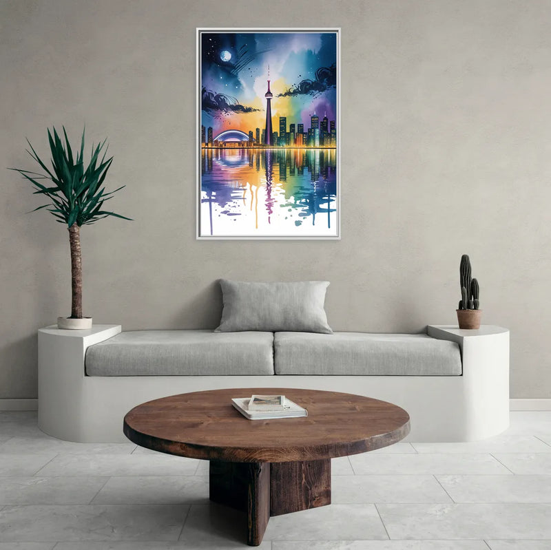Toronto Skyline at Night - Living Room White Frame Canvas