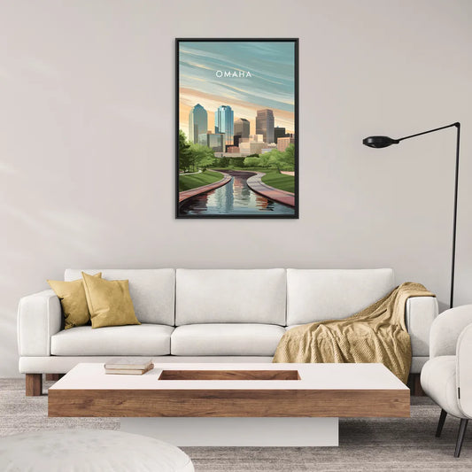 Omaha Downtown View - Living Room Black Frame Canvas