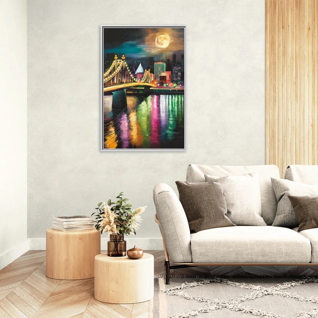 Memphis Vibrant Nightlife - Living Room White Frame Canvas