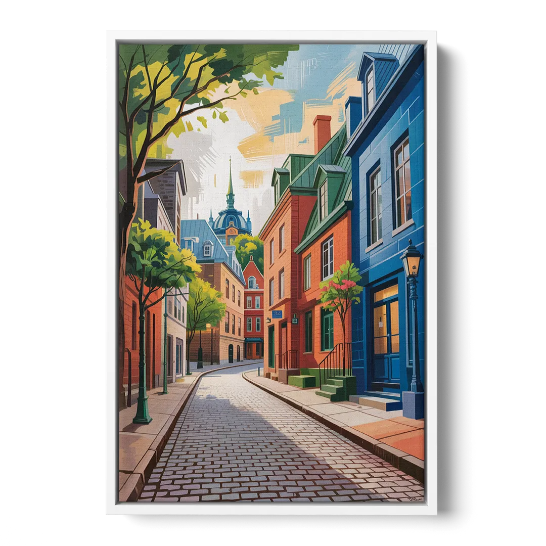 Quebec City Cobblestone Road - White Frame Canvas