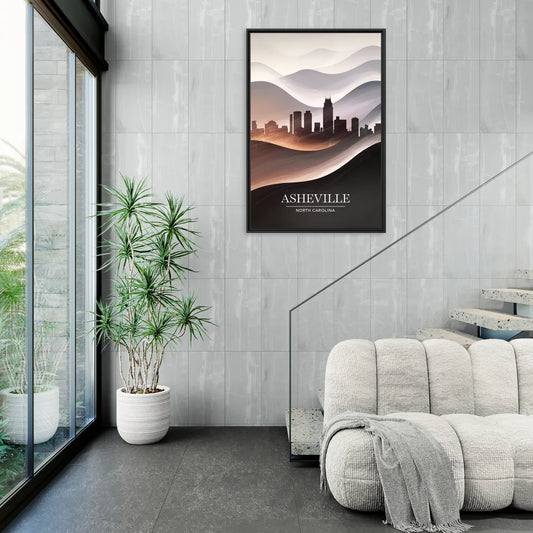 Asheville Skyline and Mountains - Living Room Black Frame Canvas