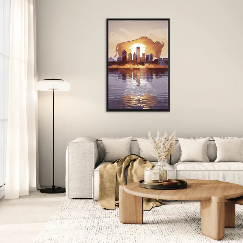 Buffalo Cityscape Reflection - Living Room Black Frame Canvas