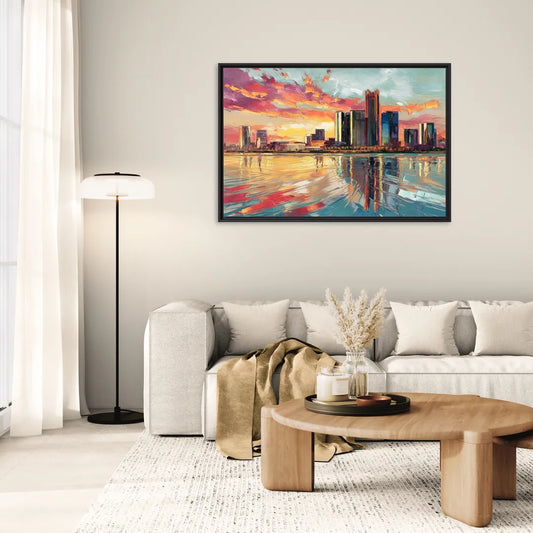 Detroit Skyline At Sunset - Living Room Black Frame Canvas