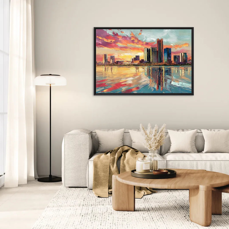 Detroit Skyline At Sunset - Living Room Black Frame Canvas