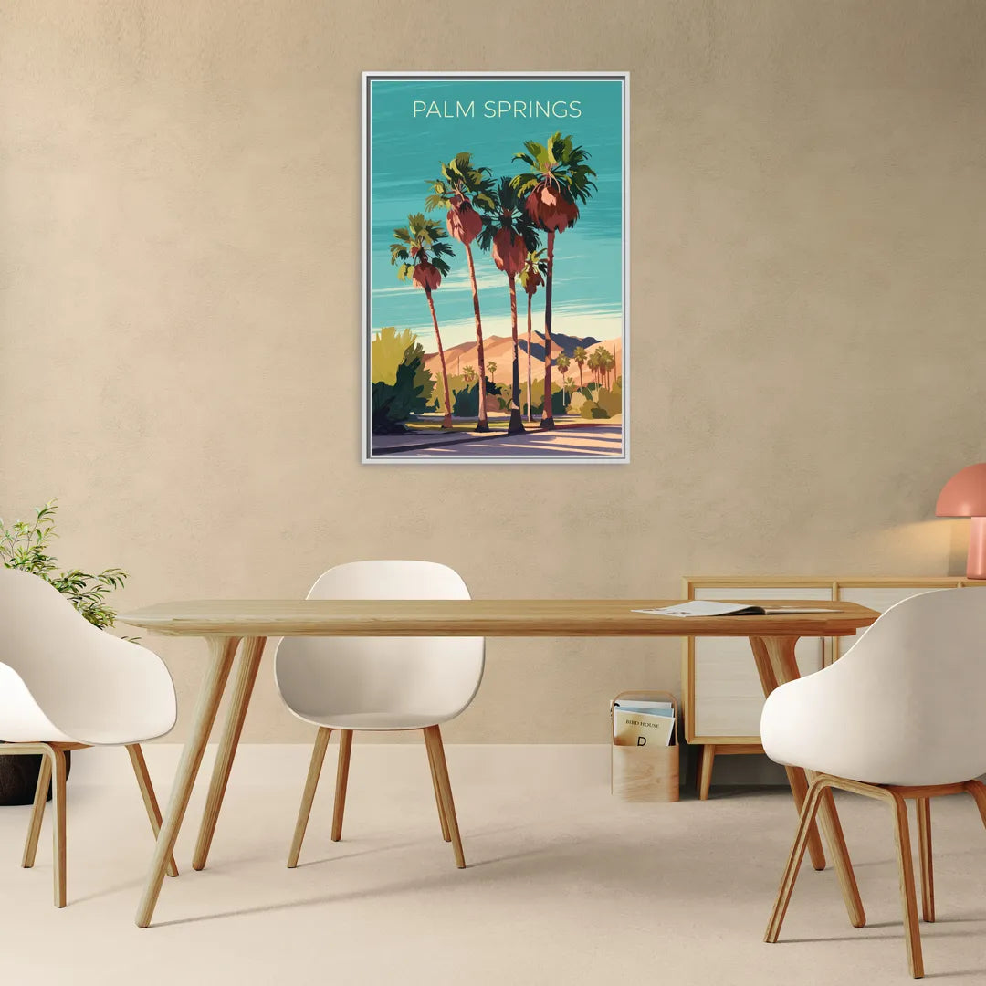 Palm Springs Palm Trees and Sky - Living Room White Frame Canvas