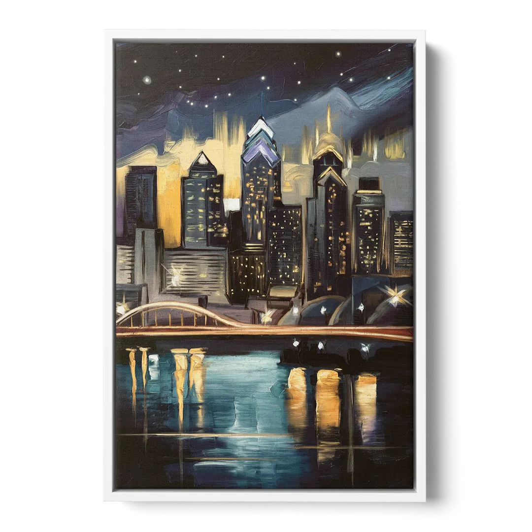 Philadelphia Skyline at Night - White Frame Canvas