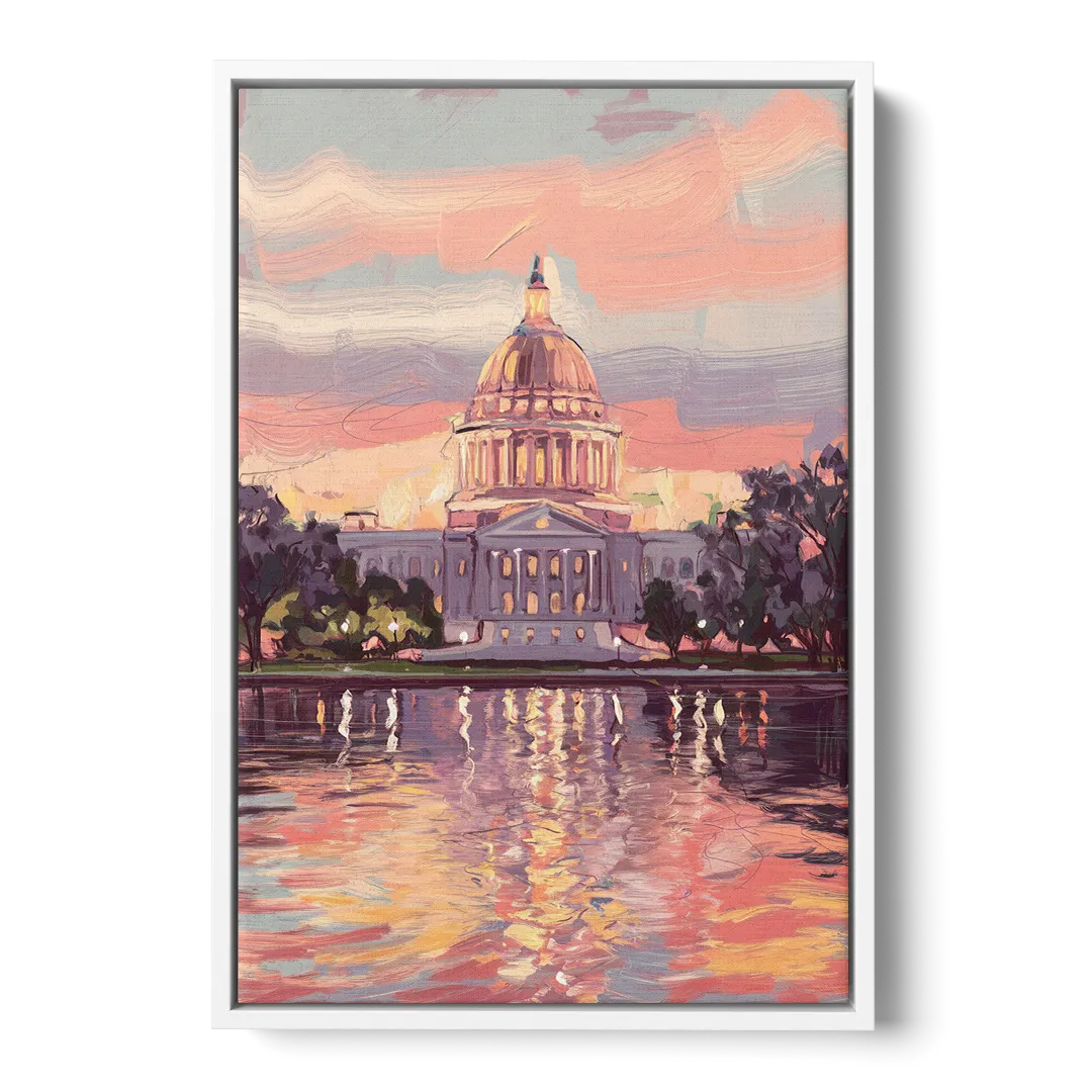 Madison Sunset Over Capitol - White Frame Canvas