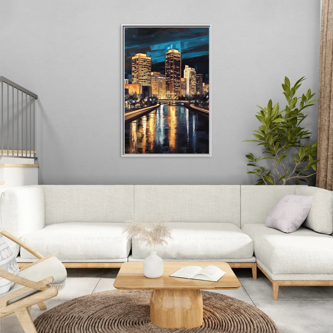 Oklahoma City Night Lights - Living Room White Frame Canvas