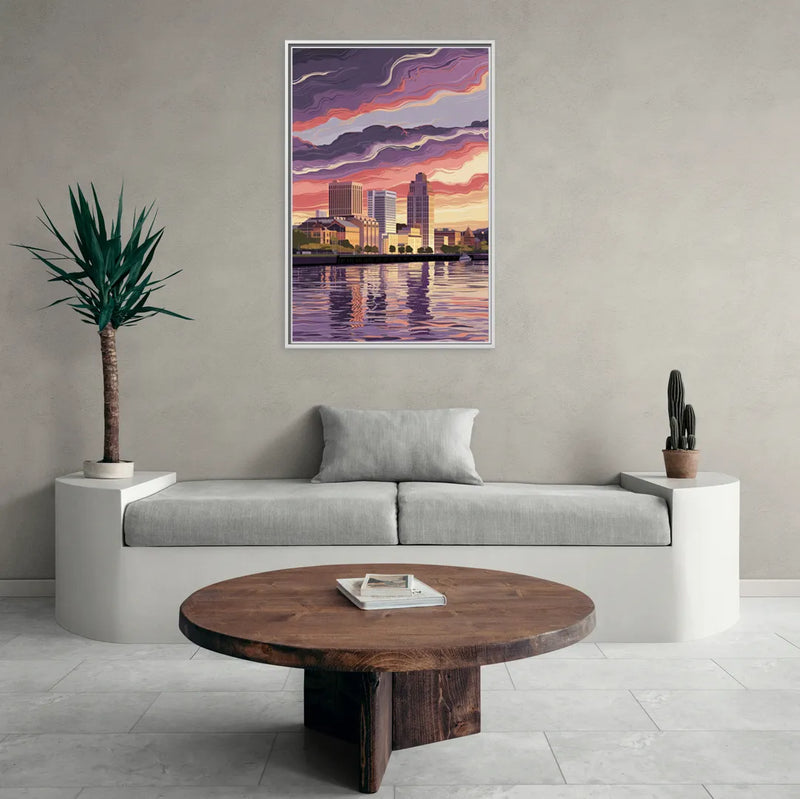 Norfolk Skyline at Sunset - Living Room White Frame Canvas