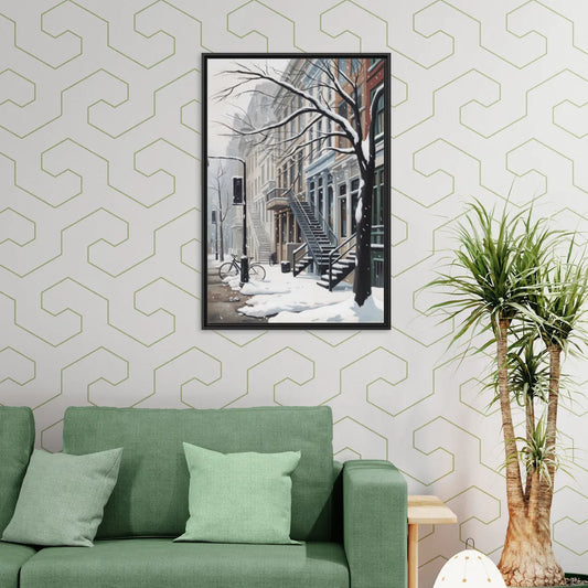 Montreal Snowy Streets - Living Room Black Frame Canvas