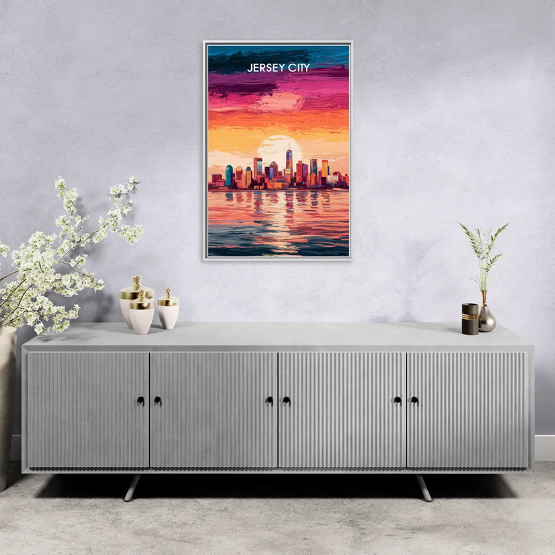 Jersey City Skyline Sunset - Living Room White Frame Canvas