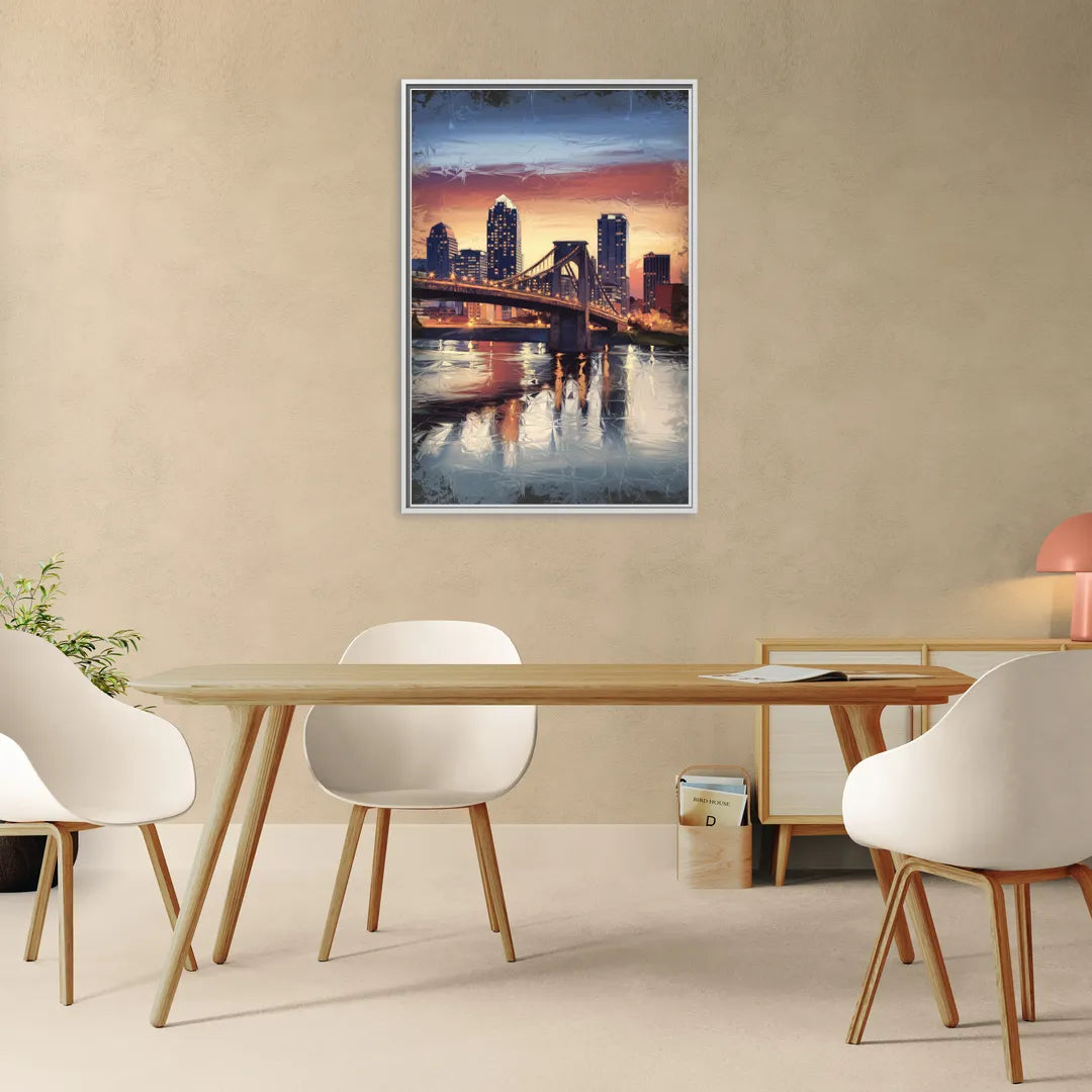 Cincinnati Skyline with River Reflection - Living Room White Frame Canvas
