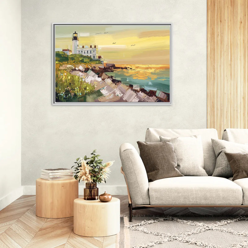 Galveston Lighthouse View - Living Room White Frame Canvas