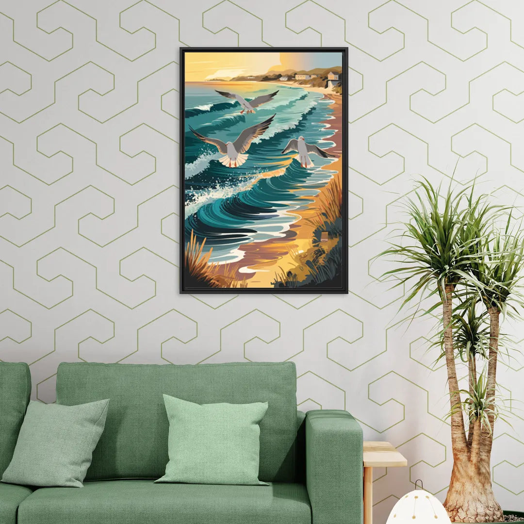 Cape May Seagulls in Flight - Living Room Black Frame Canvas