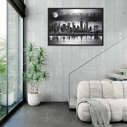 New York City Black And White Skyline - Living Room Black Frame Canvas