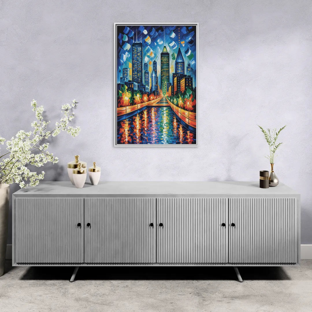 Montreal Skyline at Night - Living Room White Frame Canvas