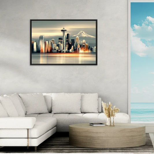 Seattle Urban Landscape - Living Room Black Frame Canvas