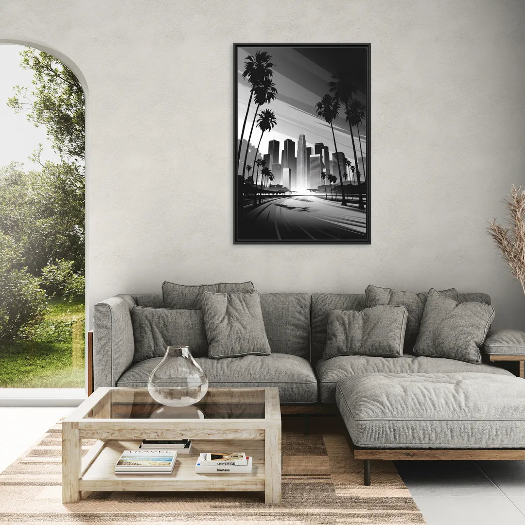 Los Angeles Black and White Cityscape Monochrome - Living Room Black Frame Canvas