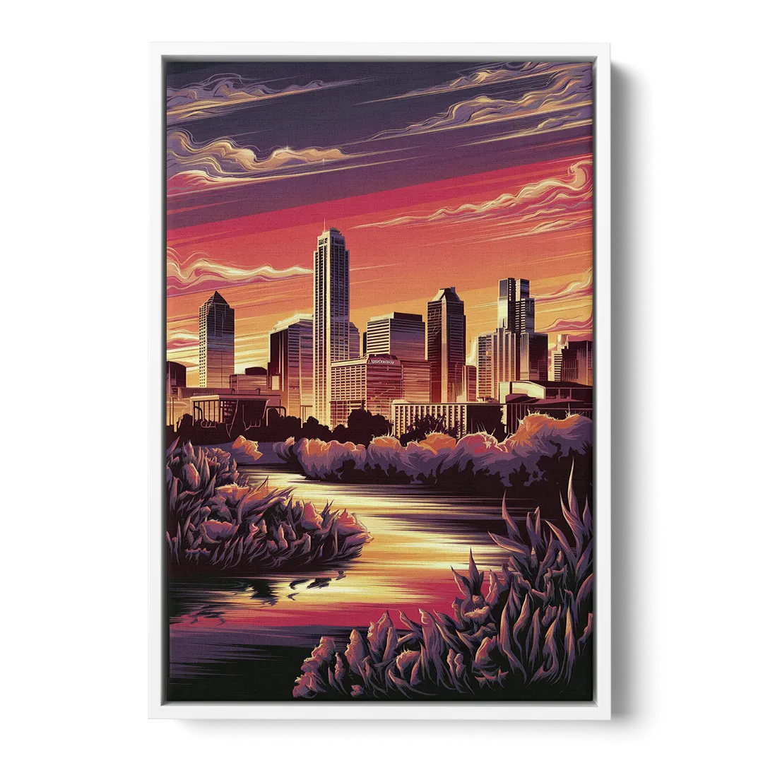 Austin Skyline Sunset - White Frame Canvas