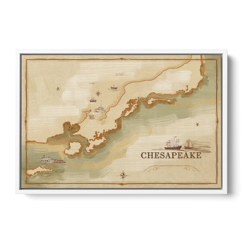 Chesapeake Bay Map Elegance - White Frame Canvas