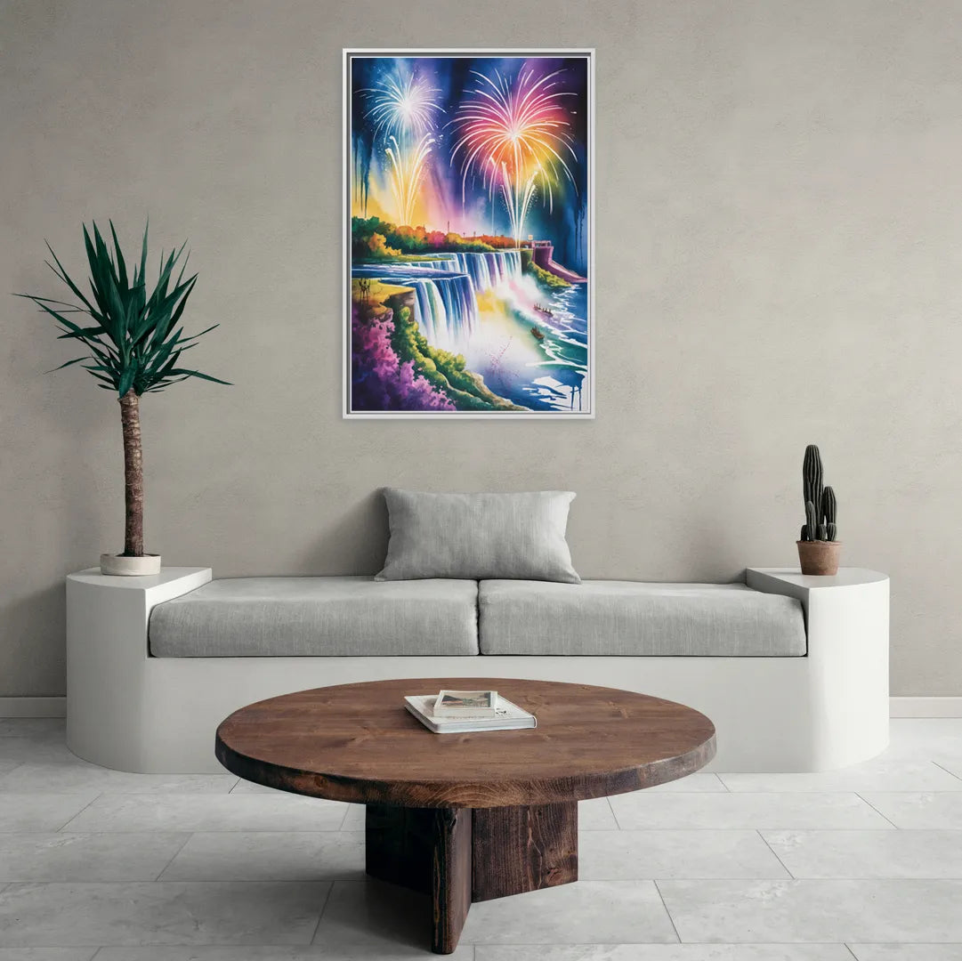 Niagara Falls Fireworks Show - Living Room White Frame Canvas