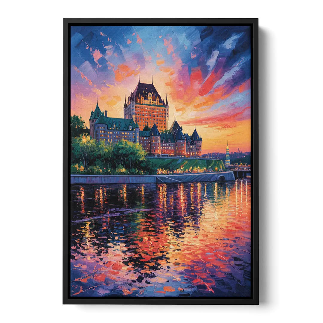 Chteau Frontenac at Sunset - Black Frame Canvas