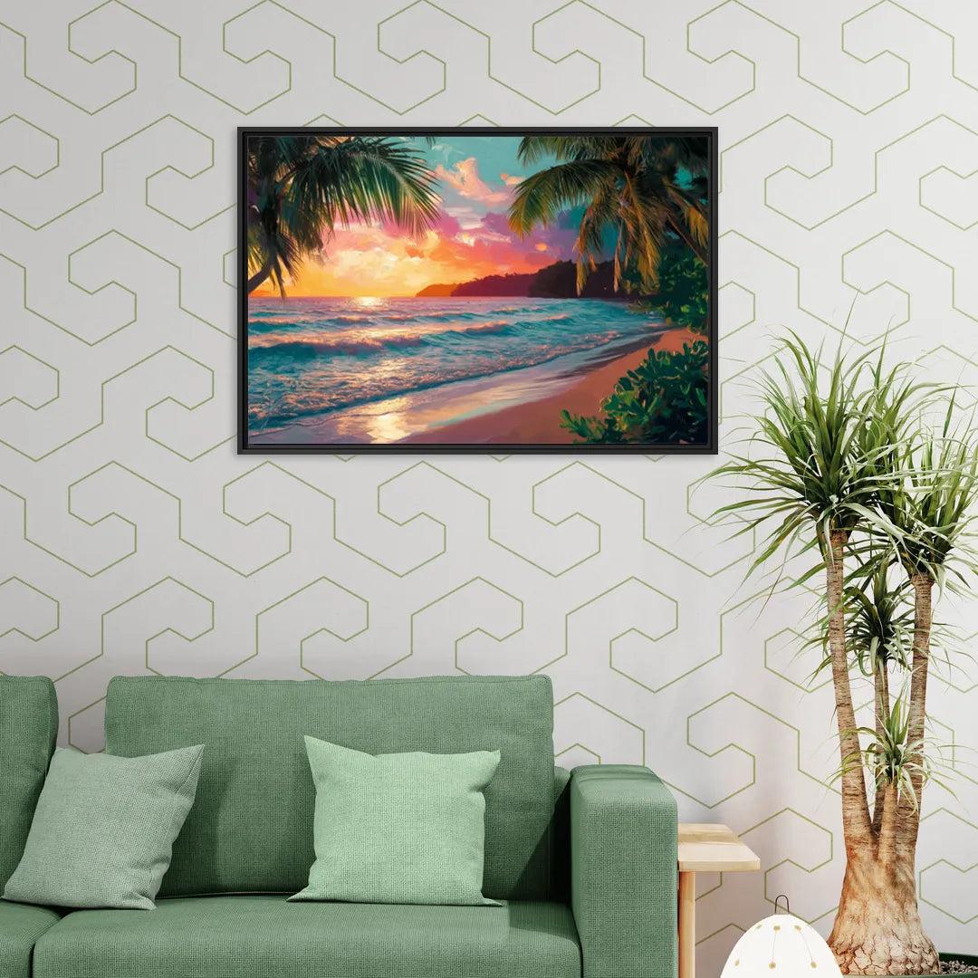 Myrtle Beach Waves And Palms - Living Room Black Frame Canvas