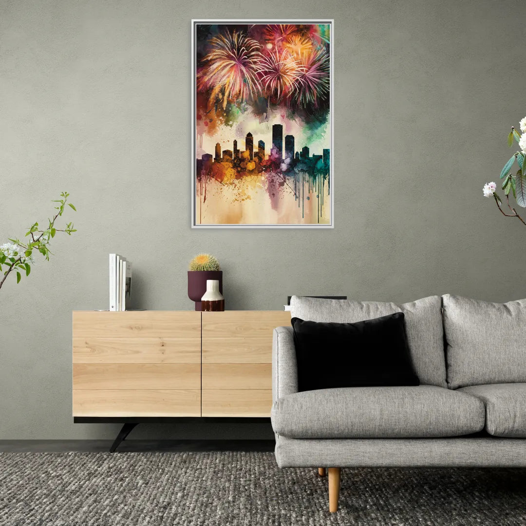 Buffalo Skyline with Fireworks - Living Room White Frame Canvas