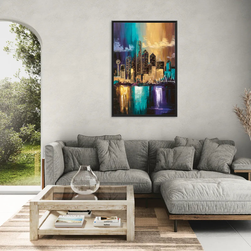 Dallas Iconic Skyline - Living Room Black Frame Canvas