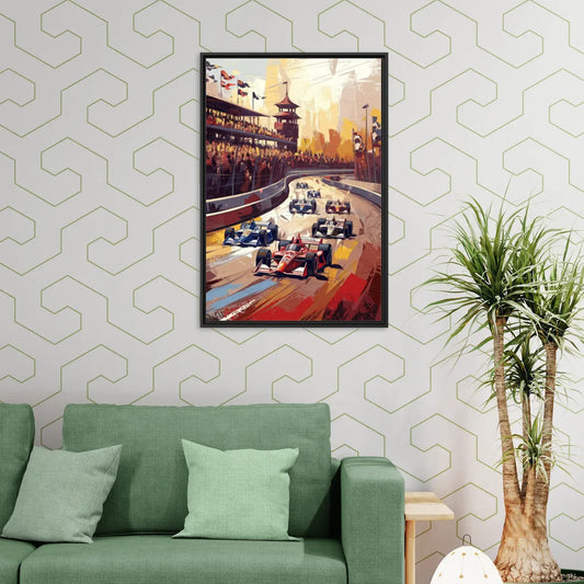 Indianapolis Motor Speedway Racing Scene - Living Room Black Frame Canvas