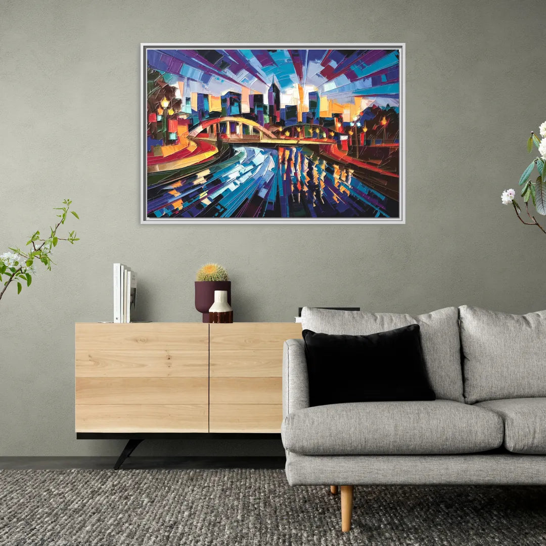 Greenville Vibrant Cityscape - Living Room White Frame Canvas
