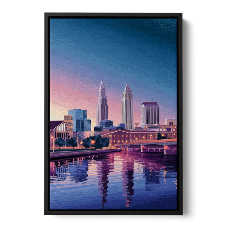 Cleveland Ohio Skyline Silhouette - Black Frame Canvas