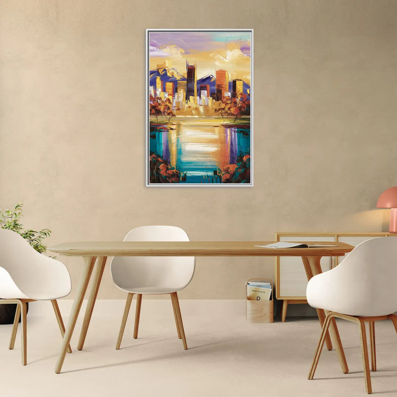 Denver Skyline Reflection - Living Room White Frame Canvas