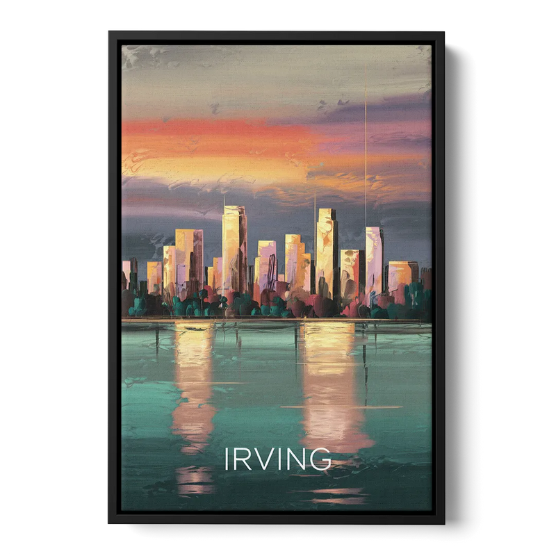 Irving Skyline Reflection - Black Frame Canvas