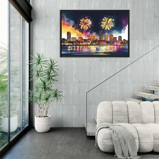 Boston Skyline With Fireworks - Living Room Black Frame Canvas