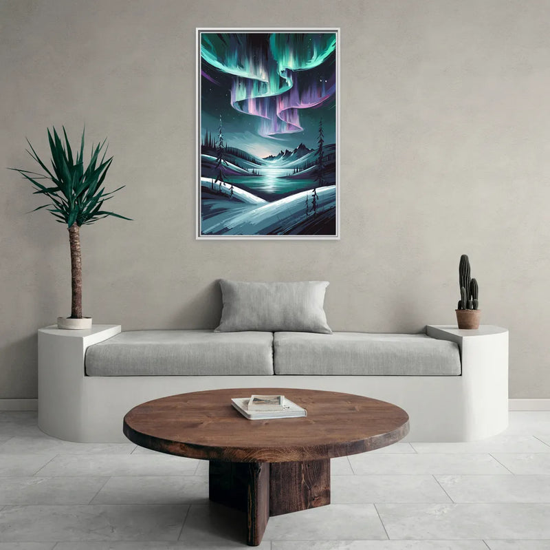 Aurora Skyline Glow - Living Room White Frame Canvas