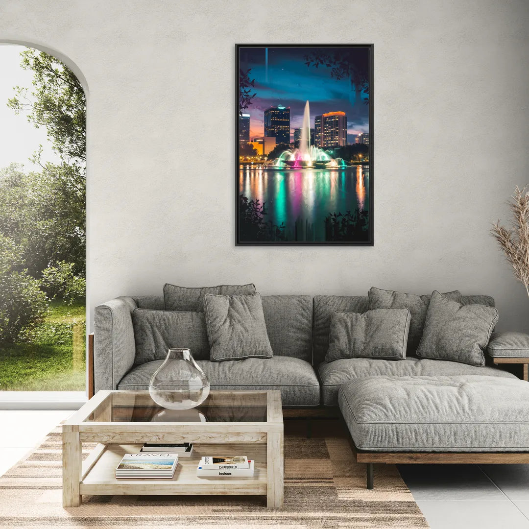 Orlando Downtown Night Lights - Living Room Black Frame Canvas