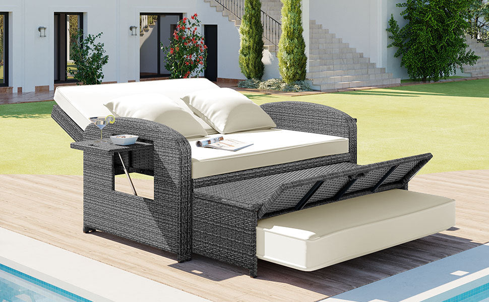 Elegant PE Wicker Double Chaise Lounge - 2-Person Patio Daybed with Recliner