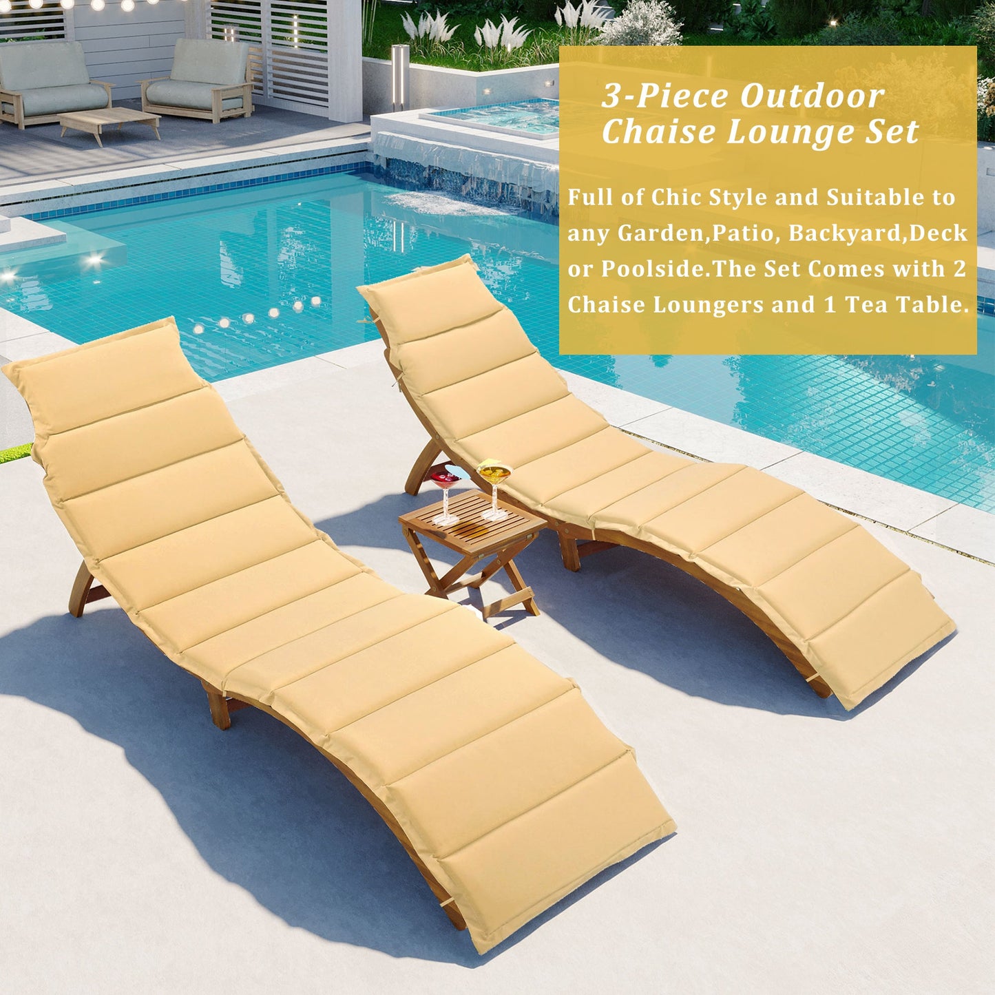 2-Piece Extendable Wooden Outdoor Chaise Lounge Set with Cushions