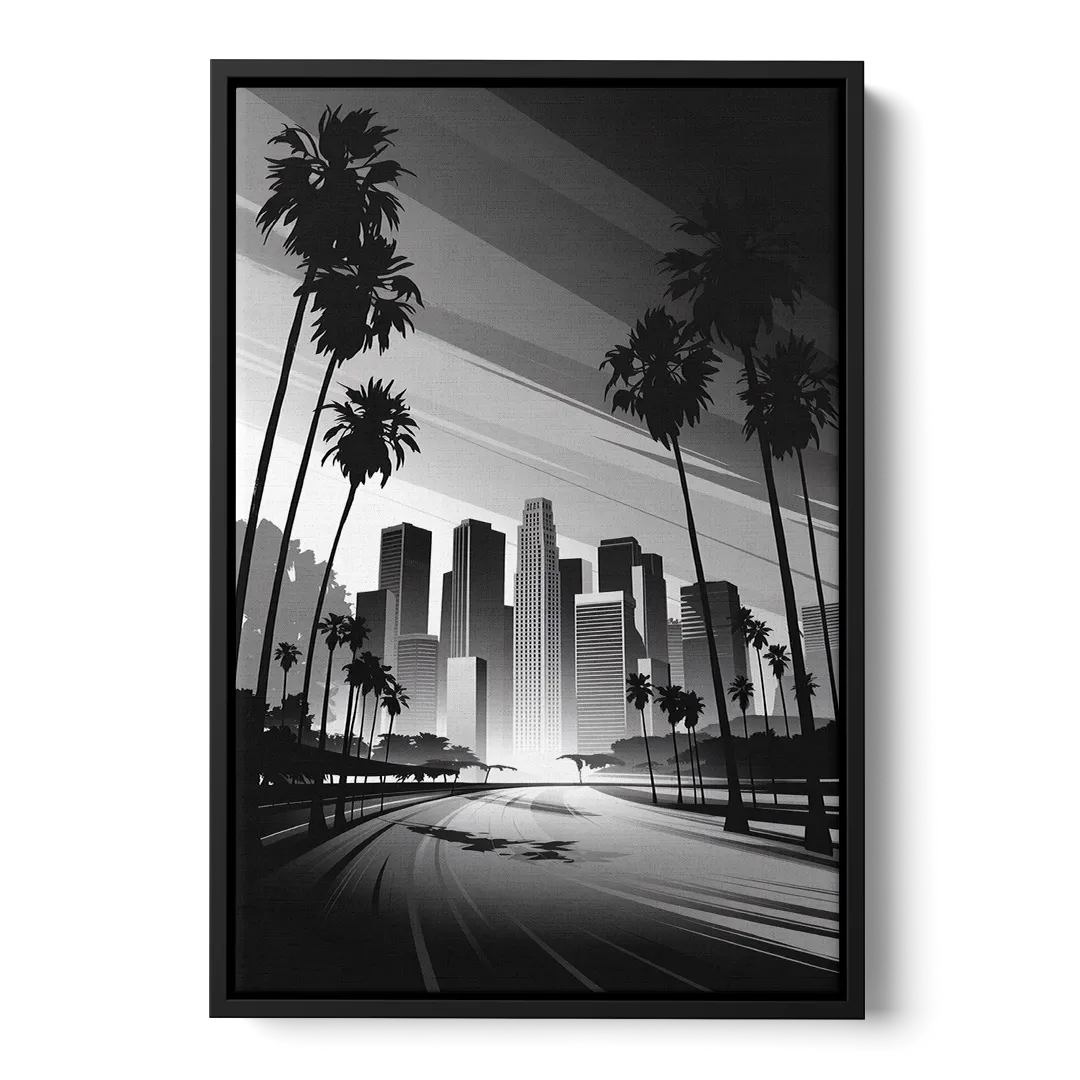 Los Angeles Black and White Cityscape Monochrome - Black Frame Canvas