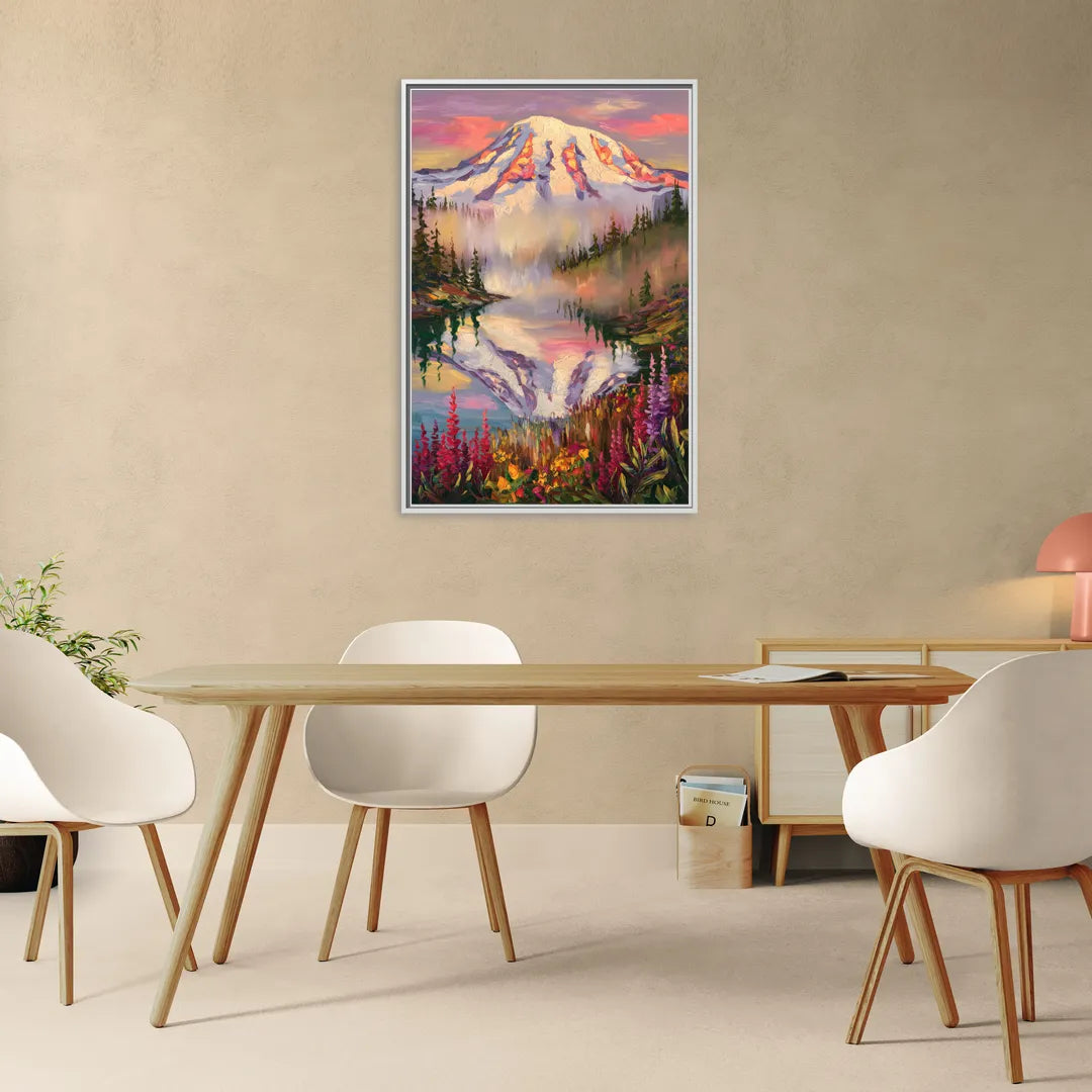 Tacoma Mount Rainier Reflection - Living Room White Frame Canvas