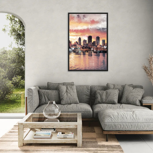 Buffalo Skyline at Sunset - Living Room Black Frame Canvas