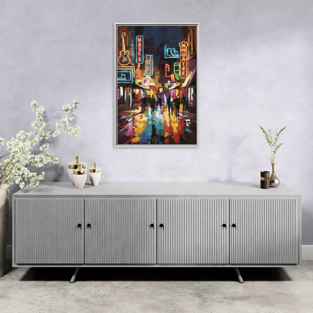 Nashville Broadway Nightlife - Living Room White Frame Canvas