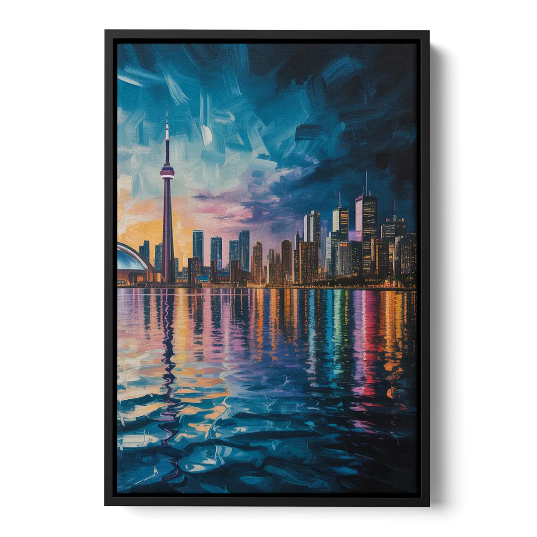 Toronto Skyline at Night Watercolor - Black Frame Canvas