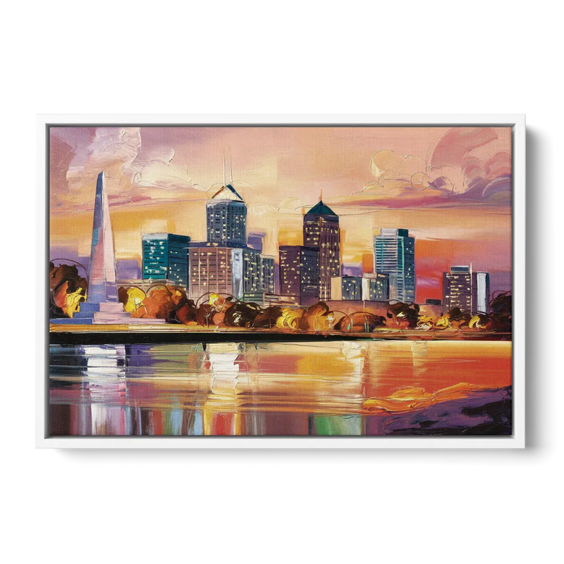 Indianapolis Skyline At Sunset - White Frame Canvas