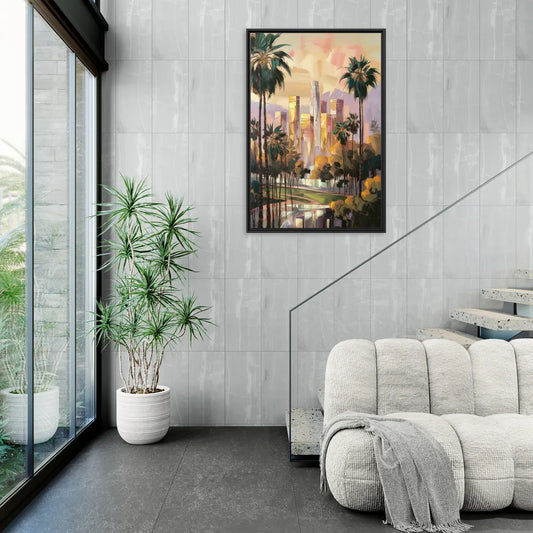 Los Angeles Palm Trees and Skyscrapers - Living Room Black Frame Canvas