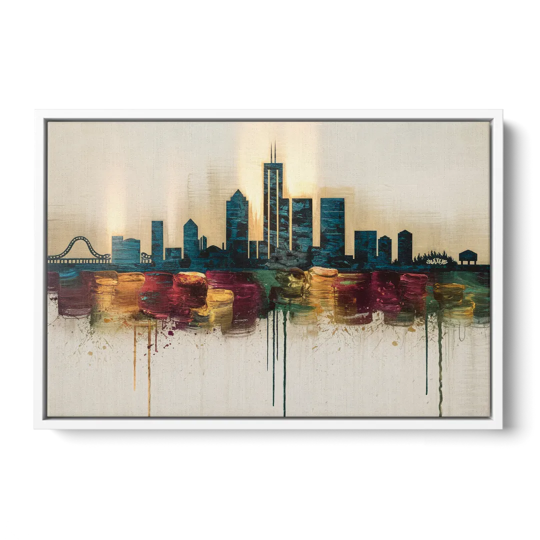 Detroit Skyline Silhouette - White Frame Canvas