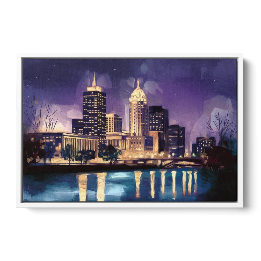 Indianapolis Nighttime Skyline - White Frame Canvas