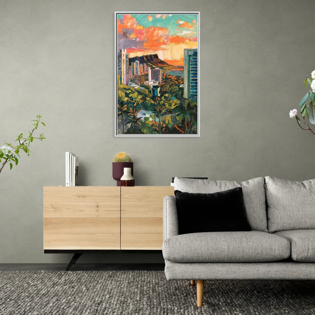 Honolulu Vibrant Cityscape - Living Room White Frame Canvas