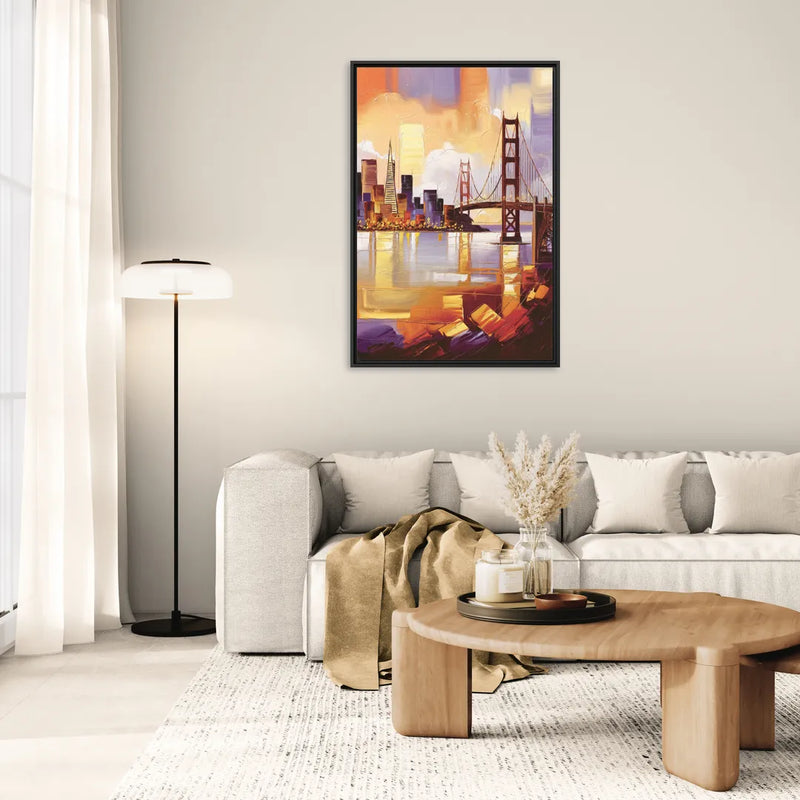 San Francisco Golden Hour Skyline - Living Room Black Frame Canvas
